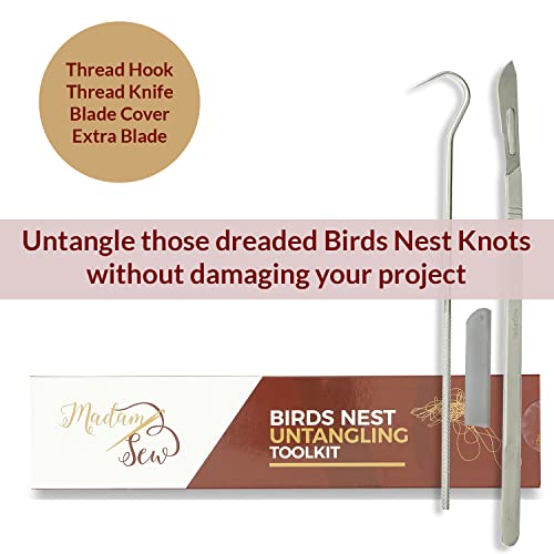 Madam Sew Birds Nest Untangling Tool Kit – Thread Hook and Stitch Releaser Set with Spare Blade Resolves Thread Bunching Under Fabric and Embroidery Hoops – Long Steel Quilting and Sewing Tools - Image 2