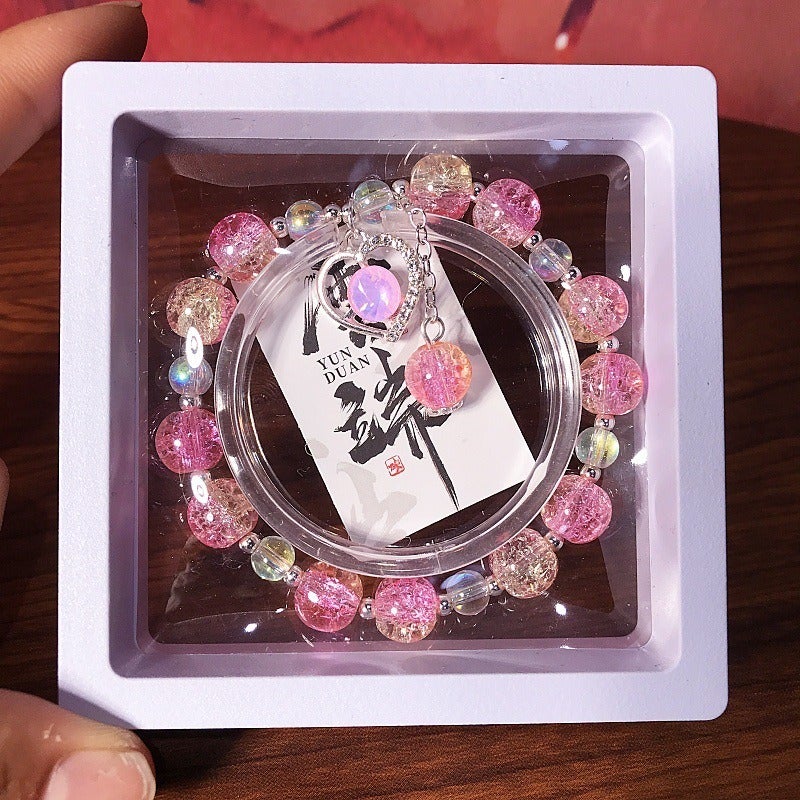 New Heart Crystal Beaded Bracelet Glass Charm Jewelry for Kids, Sweet and Fresh Student Gift