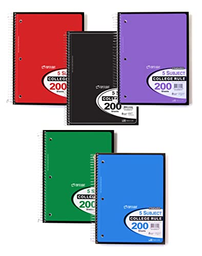 TOP FLITE Top Flight Standards 5-Subject Wirebound Notebook, 200 Sheets, 3-Hole Punched, College Rule, 10.5 x 8 Inches, 1 Notebook, Color May Vary (31820) - Image 3