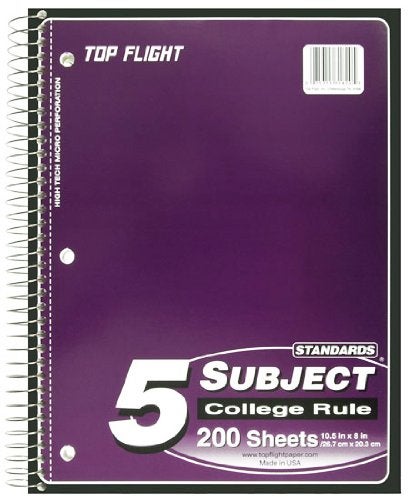 TOP FLITE Top Flight Standards 5-Subject Wirebound Notebook, 200 Sheets, 3-Hole Punched, College Rule, 10.5 x 8 Inches, 1 Notebook, Color May Vary (31820) - Image 4