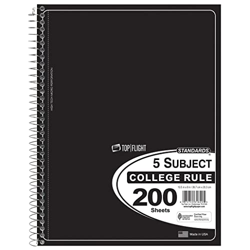 TOP FLITE Top Flight Standards 5-Subject Wirebound Notebook, 200 Sheets, 3-Hole Punched, College Rule, 10.5 x 8 Inches, 1 Notebook, Color May Vary (31820) - Image 1