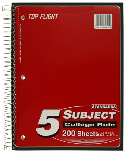 TOP FLITE Top Flight Standards 5-Subject Wirebound Notebook, 200 Sheets, 3-Hole Punched, College Rule, 10.5 x 8 Inches, 1 Notebook, Color May Vary (31820) - Image 5