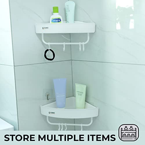 Kuber Industries Kuber Industries Bathroom & Kitchen Organizer With Towel Hanger Hooks | Multipurpose Corner Wall Shelves | Self-Adhesive | Pack of 2 | White - Image 3