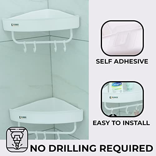 Kuber Industries Kuber Industries Bathroom & Kitchen Organizer With Towel Hanger Hooks | Multipurpose Corner Wall Shelves | Self-Adhesive | Pack of 2 | White - Image 4