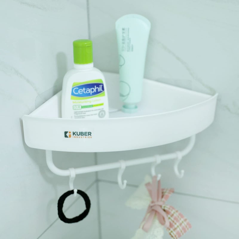 Kuber Industries Kuber Industries Bathroom & Kitchen Organizer With Towel Hanger Hooks | Multipurpose Corner Wall Shelves | Self-Adhesive | Pack of 2 | White - Image 1