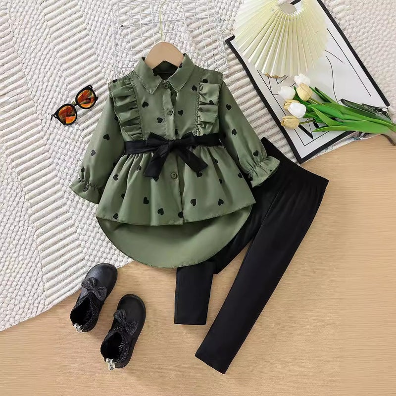 2025 Children'S Clothing Autum New Girls Fashion Long Shirt Dress With Belt Leggings Set - Image 1