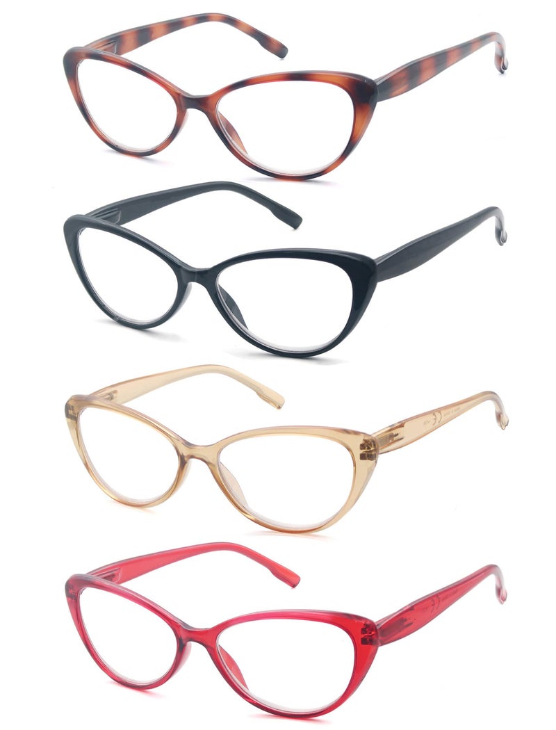 MODFANS Women Reading Glasses 15 Cat Eye Women Readers 4 Pack for Ladies Compact Spring Hinge Lightweight Frame Includes Pocket