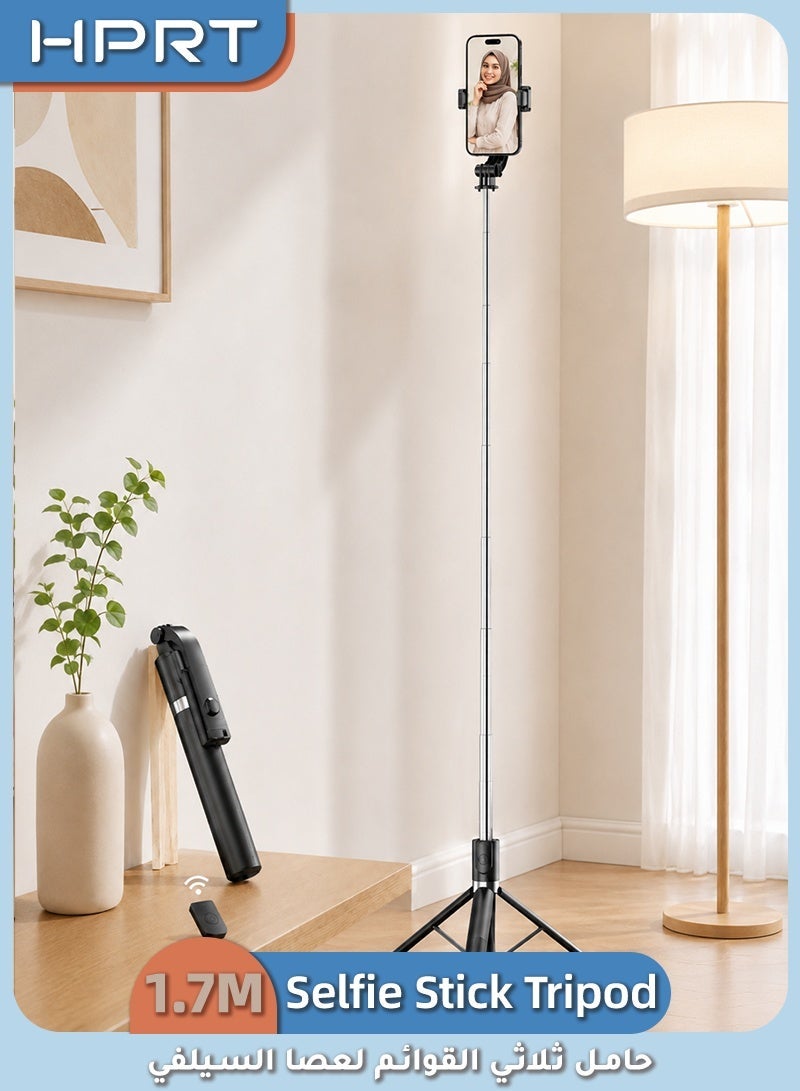 HPRT 1.7m Wireless Selfie Stick Tripod, Extendable Phone Stand with Bluetooth Remote, Foldable Monopod for Live Streaming, Vlogging, Travel (Black) - Image 1