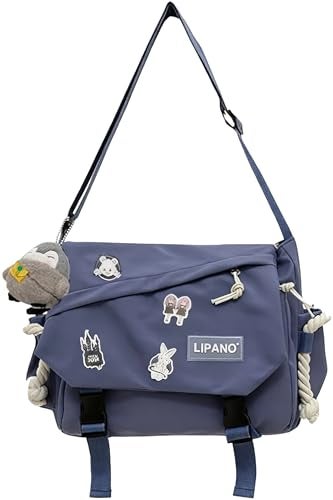 Inshere Aesthetic Crossbody Bag with Cute Pins and Ornament, Casual Shoulder Messenger Bag Japanese Kawaii Bag for Women Men (Blue) - Image 1