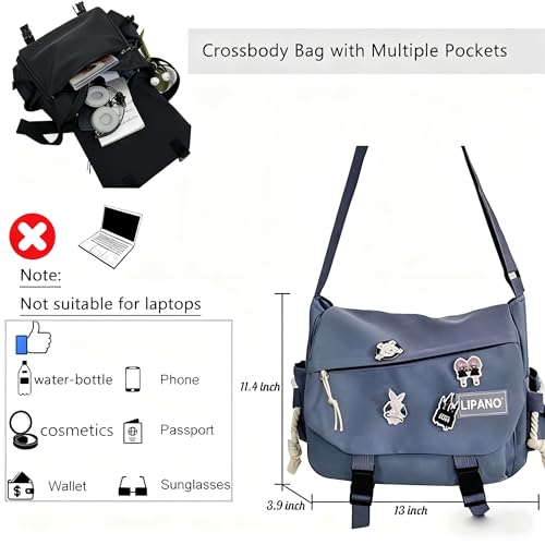 Inshere Aesthetic Crossbody Bag with Cute Pins and Ornament, Casual Shoulder Messenger Bag Japanese Kawaii Bag for Women Men (Blue) - Image 3
