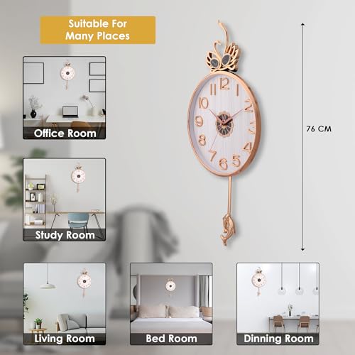 De'rons Silent Stylish Pendulum Wall Clock with Swan Emblem lolak Big Wall Clock with Pendulum for Living Room Bedroom Home Decor Gift Decorative Clocks 35 x 76 cm DC-2289PD (White) - Image 3