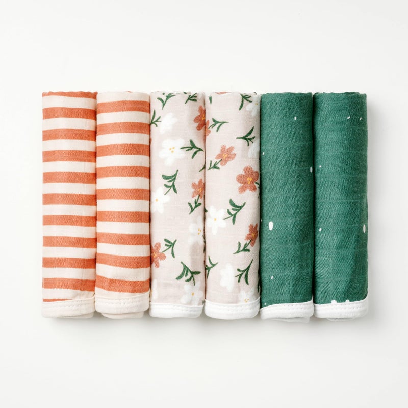 Nightingale Baby WashclothsOrganic Cotton Muslin with Rayon Made from BambooSoft Burp Cloths for Newborn Sensitive Skin12x12 Face or Baby TowelBath Baby Essentials6Pack StarryStripeFloral