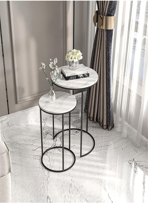 Set of 2 Multipurpose Nordic Japanese Style Marble Side Table Bedside Table Durable Coffee Table for Bedroom Living Room Home Office Furniture 40x60 and 30x50 cm (Fully Assembled)