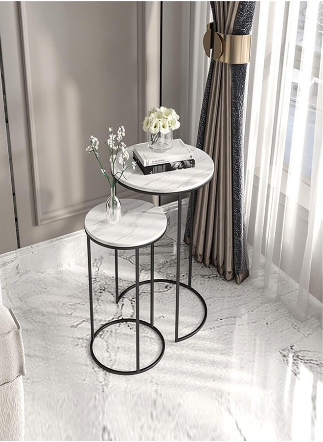 C&C Home - Set of 2 Multipurpose Nordic Japanese Style Marble Side Table Bedside Table Durable Coffee Table for Bedroom Living Room Home Office Furniture 40x60 and 30x50 cm (Fully Assembled) - Image 1