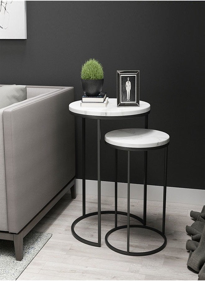 C&C Home - Set of 2 Multipurpose Nordic Japanese Style Marble Side Table Bedside Table Durable Coffee Table for Bedroom Living Room Home Office Furniture 40x60 and 30x50 cm (Fully Assembled) - Image 1