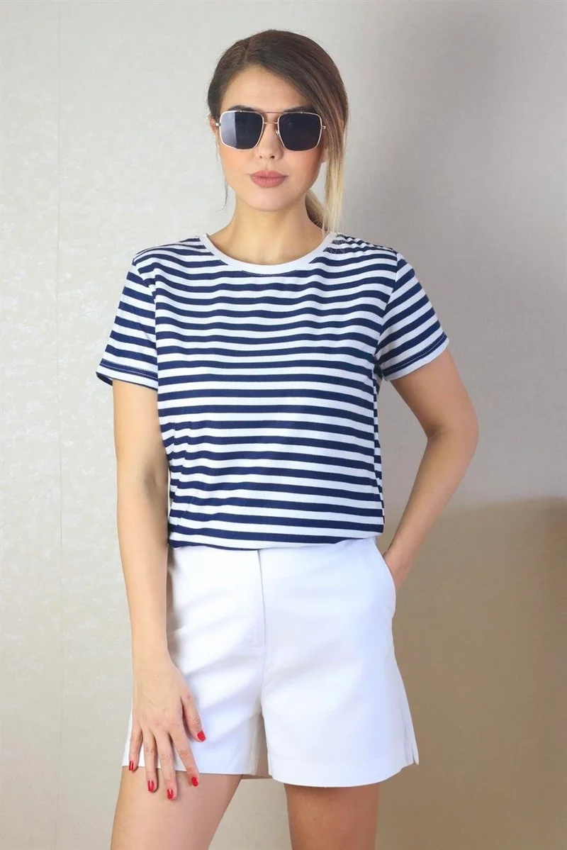 Ritnice Women's Navy Blue White Striped Basic T-Shirt