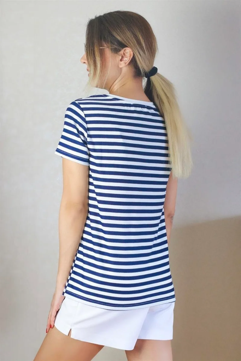 Ritnice Women's Navy Blue White Striped Basic T-Shirt