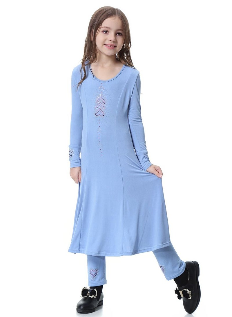 إسكدنيا Girl's Traditional Solid Color 2-Piece Long Sleeve Dress With Pants Sky Blue  - Image 1