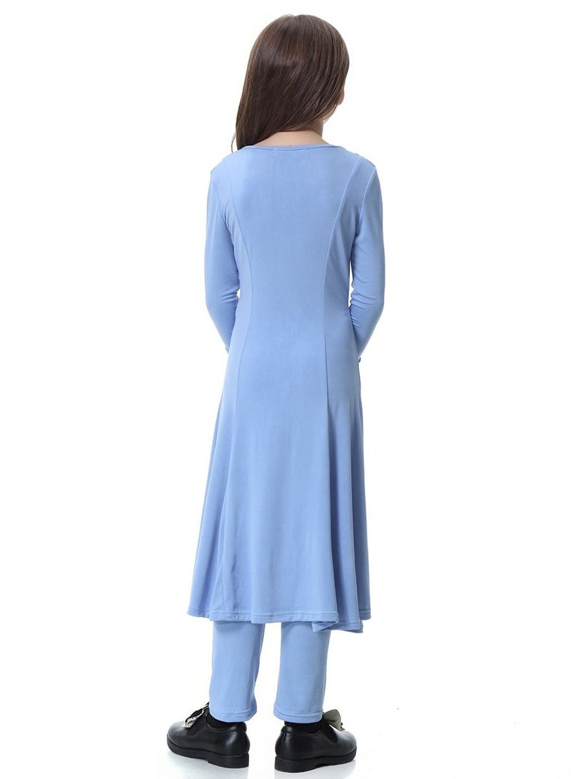 إسكدنيا Girl's Traditional Solid Color 2-Piece Long Sleeve Dress With Pants Sky Blue  - Image 2