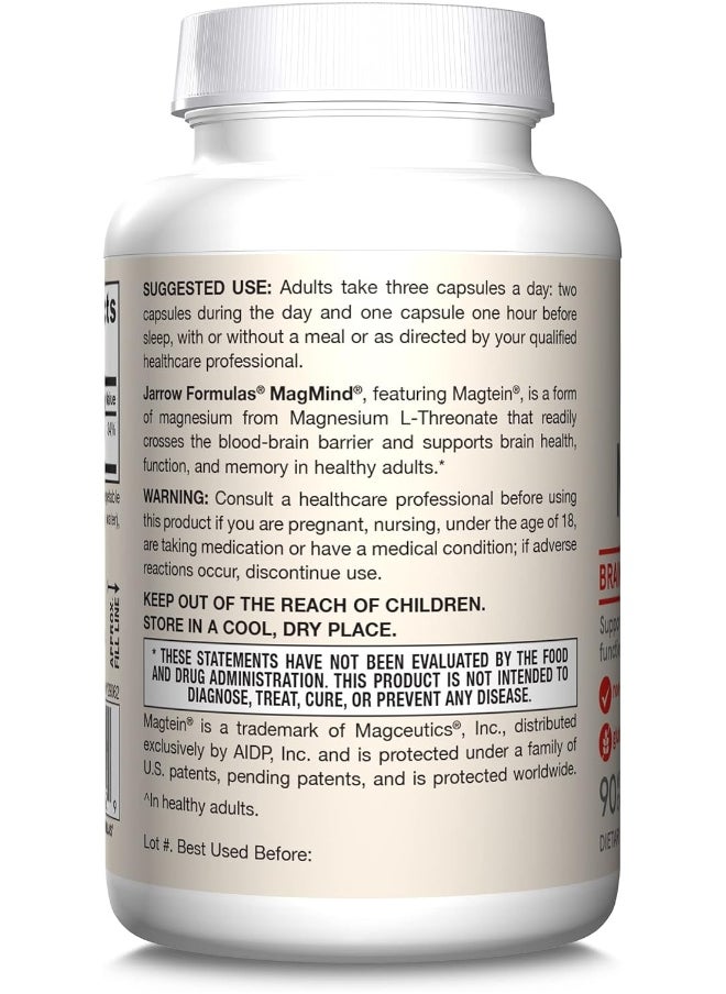 Jarrow Formulas MagMind - Includes Magnesium L-Threonate (Magtein) - Supports Brain Health & Function - 90 Capsules - 30 Servings
