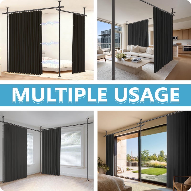 Jilron No-Drill Room Divider Curtains Set: Includes 106" W x 84" L Black Curtain 2-Panel & Adjustable Pole Brackets (72-200" W x 43-120" H Adjustable Range) - Image 4