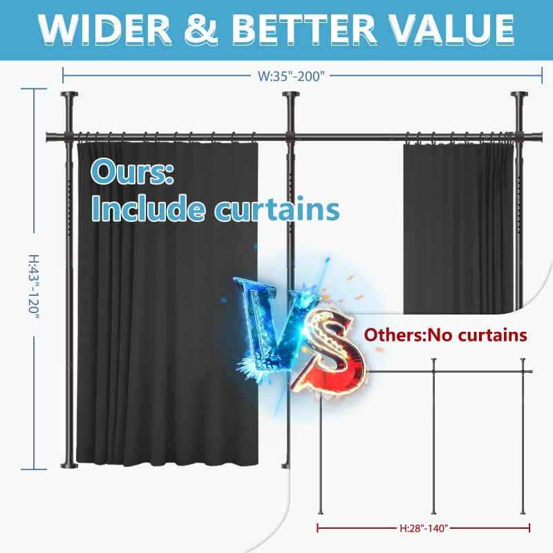 Jilron No-Drill Room Divider Curtains Set: Includes 106" W x 84" L Black Curtain 2-Panel & Adjustable Pole Brackets (72-200" W x 43-120" H Adjustable Range) - Image 3