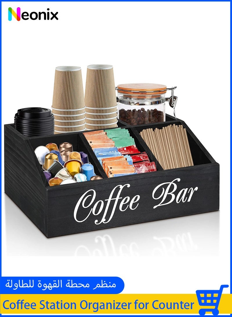 Neonix Coffee Station Organizer for Counter, Wood Coffee Pods Holder Storage Basket, Tea Condiment Storage Organizer, Rustic Bar Decor for Accessories Organizer - Image 1