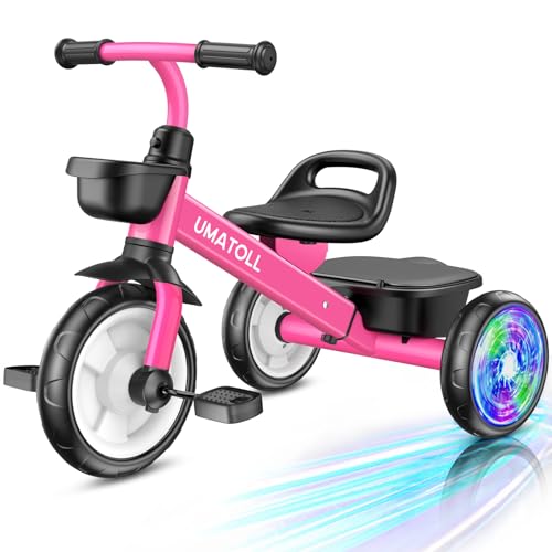 Umatoll Tricycle for Toddlers 25 Year Old Ajustable Toddler Bike Outdoor Toys Birthday Gift for Girl Boy Age 24 Trike with Light up Wheels Rose - Image 1