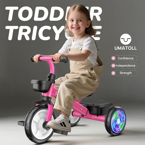 Umatoll Tricycle for Toddlers 25 Year Old Ajustable Toddler Bike Outdoor Toys Birthday Gift for Girl Boy Age 24 Trike with Light up Wheels Rose - Image 5