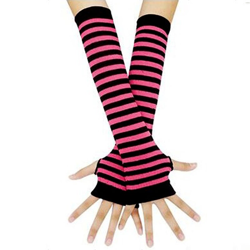 Rainbow Striped Sleeve Gloves Cotton Warmth Black Rose Red 