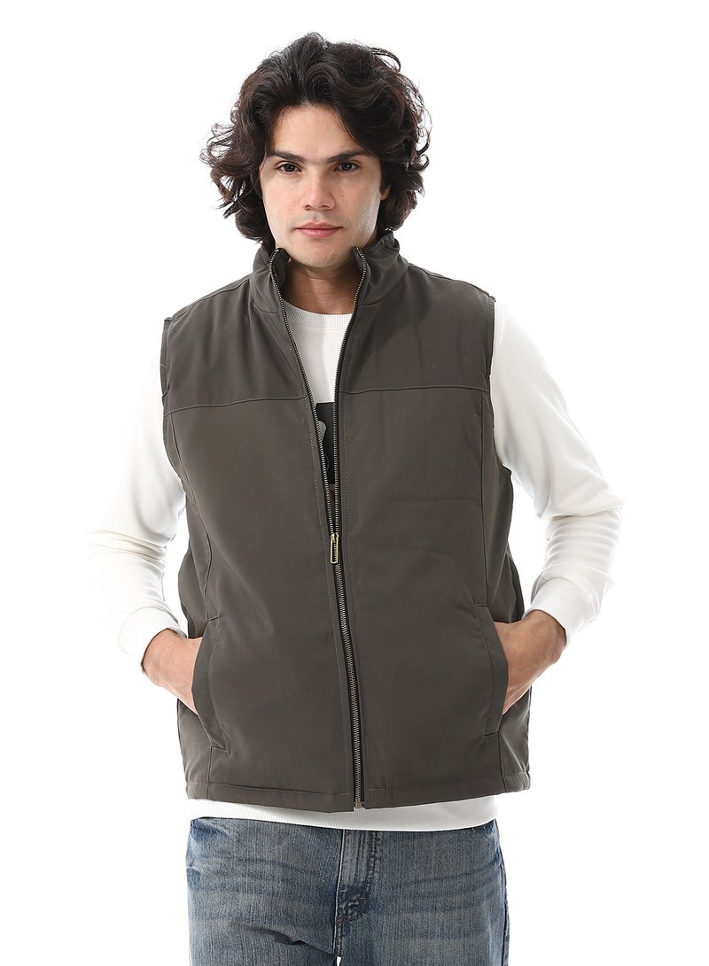 Andora Zip Through Neck Plain Padded Vest_ Olive - Image 1