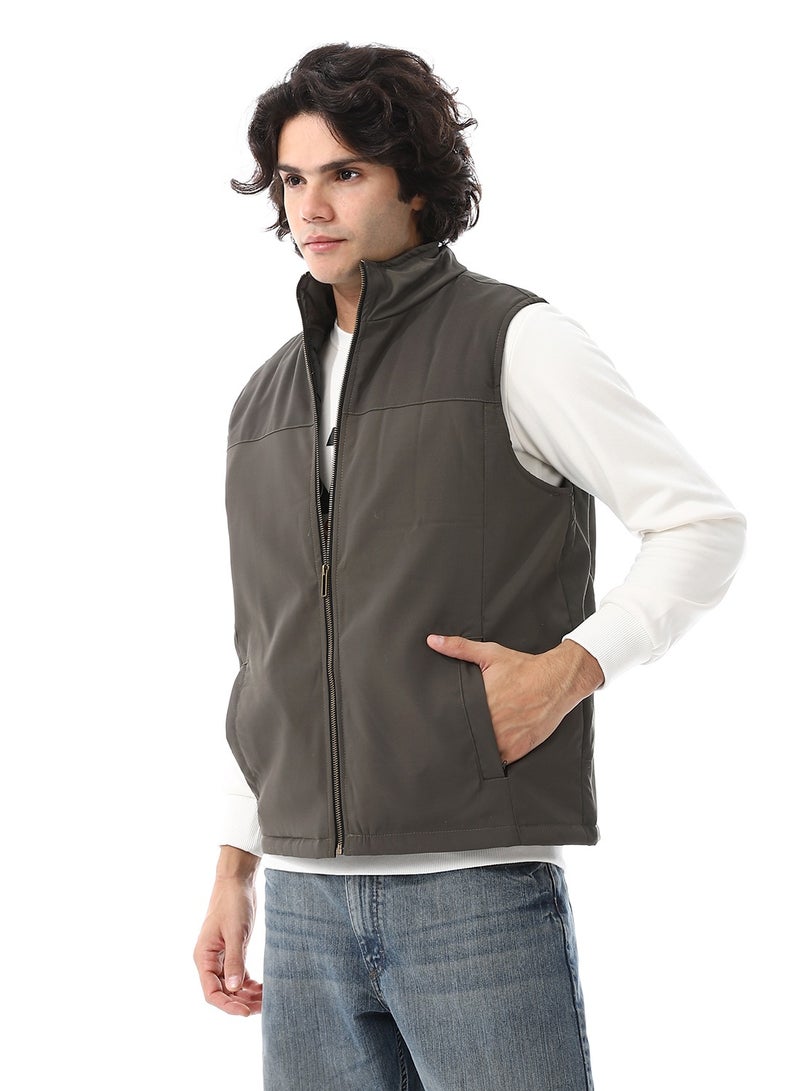 Andora Zip Through Neck Plain Padded Vest_ Olive - Image 2