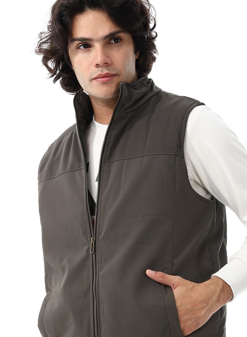 Andora Zip Through Neck Plain Padded Vest_ Olive - Image 4
