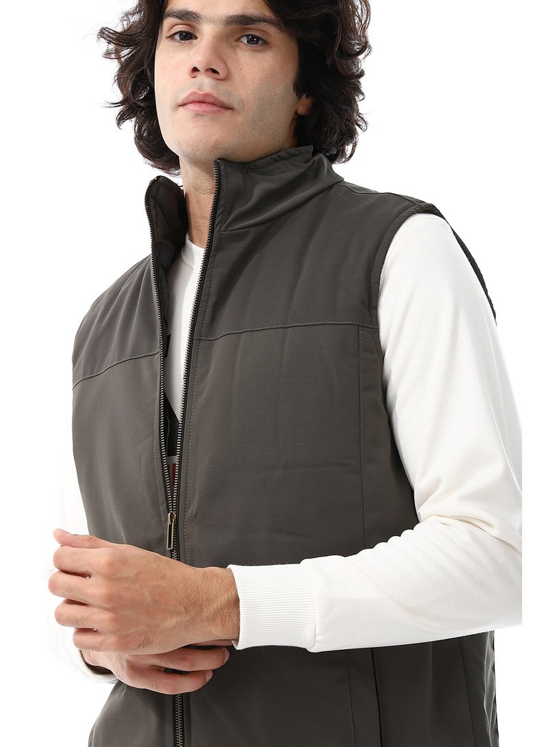 Andora Zip Through Neck Plain Padded Vest_ Olive - Image 5