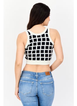 ESPRIT Women Round Neck Sleeveless Windowpane Pattern Cropped Top, Multicolor  - Image 3