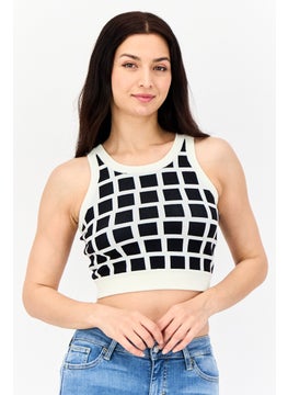 ESPRIT Women Round Neck Sleeveless Windowpane Pattern Cropped Top, Multicolor  - Image 1