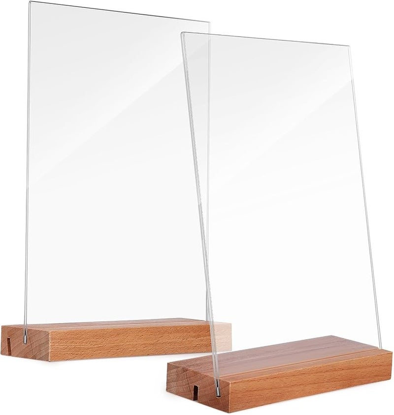 Acrylic Sign Holders Set Of 2 With Wooden Stands For Table Numbers Menus Photos - Image 1