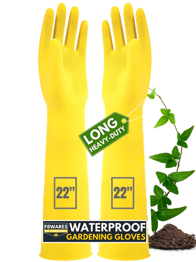 F8WARES 1 Pair 22 Inch Long Thick and Heavy Duty Rubber Gardening Gloves - Waterproof Garden Gloves for Home Garden, Farming & Agriculture Work Yellow (Large) - Image 1