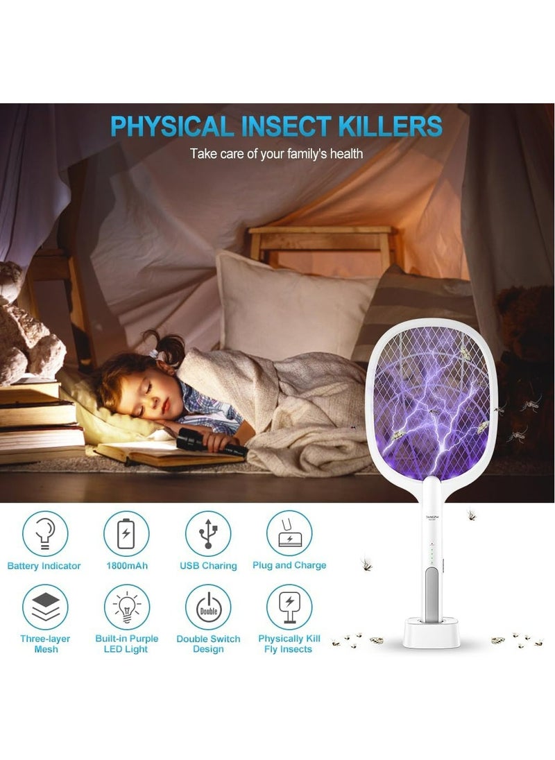 Genzy Electric Fly Swatter, 3500V USB Rechargeable Fly Killer Bug Zapper Racket with Charging Base, Home and Outdoor Mosquito Killer with LED Light for Mosquitoes, Flies, Bees, Moths  - Image 2