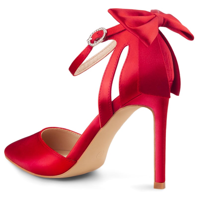 Carcuume Women's Closed Toe Heels Bow Stiletto Heel Sandals Pointed Toe Pumps Wedding Shoes, BELLEOO-RED Satin-8 - Image 4