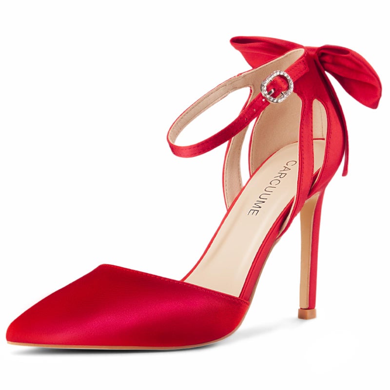 Carcuume Women's Closed Toe Heels Bow Stiletto Heel Sandals Pointed Toe Pumps Wedding Shoes, BELLEOO-RED Satin-8 - Image 1