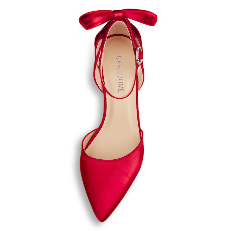 Carcuume Women's Closed Toe Heels Bow Stiletto Heel Sandals Pointed Toe Pumps Wedding Shoes, BELLEOO-RED Satin-8 - Image 3
