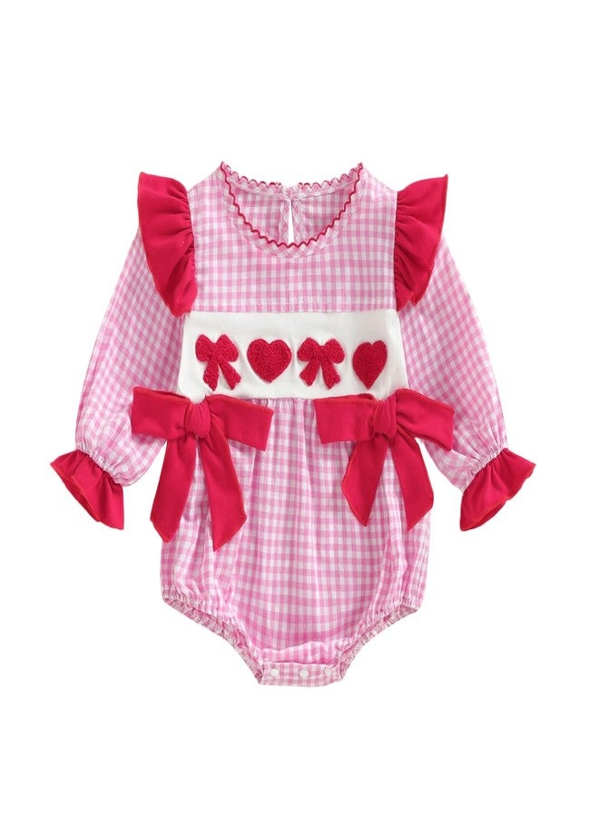 KMBANGI Infant Newborn Baby Girl Heart Smocked Romper Ruffle Sleeves Bow Onesie Shirt Cute Valentine's Day Clothes Spring (Pink, 0-3 Months) - Image 1