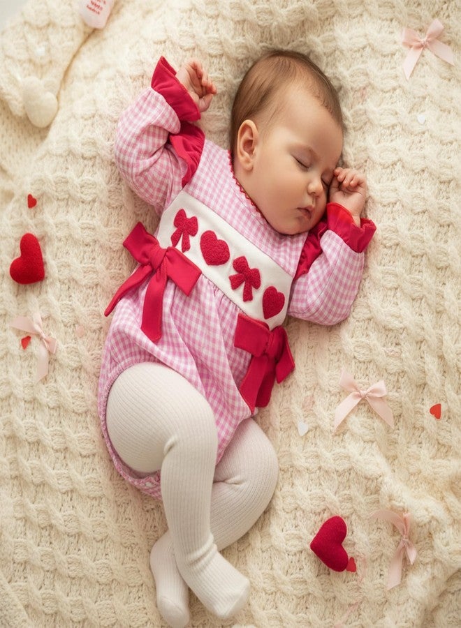 KMBANGI Infant Newborn Baby Girl Heart Smocked Romper Ruffle Sleeves Bow Onesie Shirt Cute Valentine's Day Clothes Spring (Pink, 0-3 Months) - Image 3