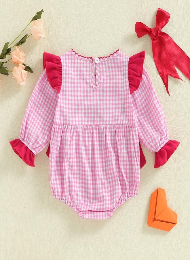 KMBANGI Infant Newborn Baby Girl Heart Smocked Romper Ruffle Sleeves Bow Onesie Shirt Cute Valentine's Day Clothes Spring (Pink, 0-3 Months) - Image 4