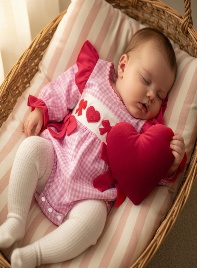 KMBANGI Infant Newborn Baby Girl Heart Smocked Romper Ruffle Sleeves Bow Onesie Shirt Cute Valentine's Day Clothes Spring (Pink, 0-3 Months) - Image 2