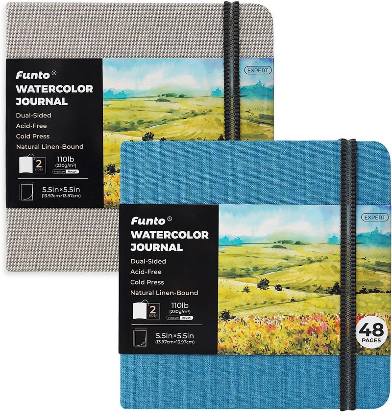 Funto Watercolor Journal Square 55x55 Portable 2Pack 48 Pages Each GrayBlue Cover 110lb230gsm Art Supplies for Mixed Media