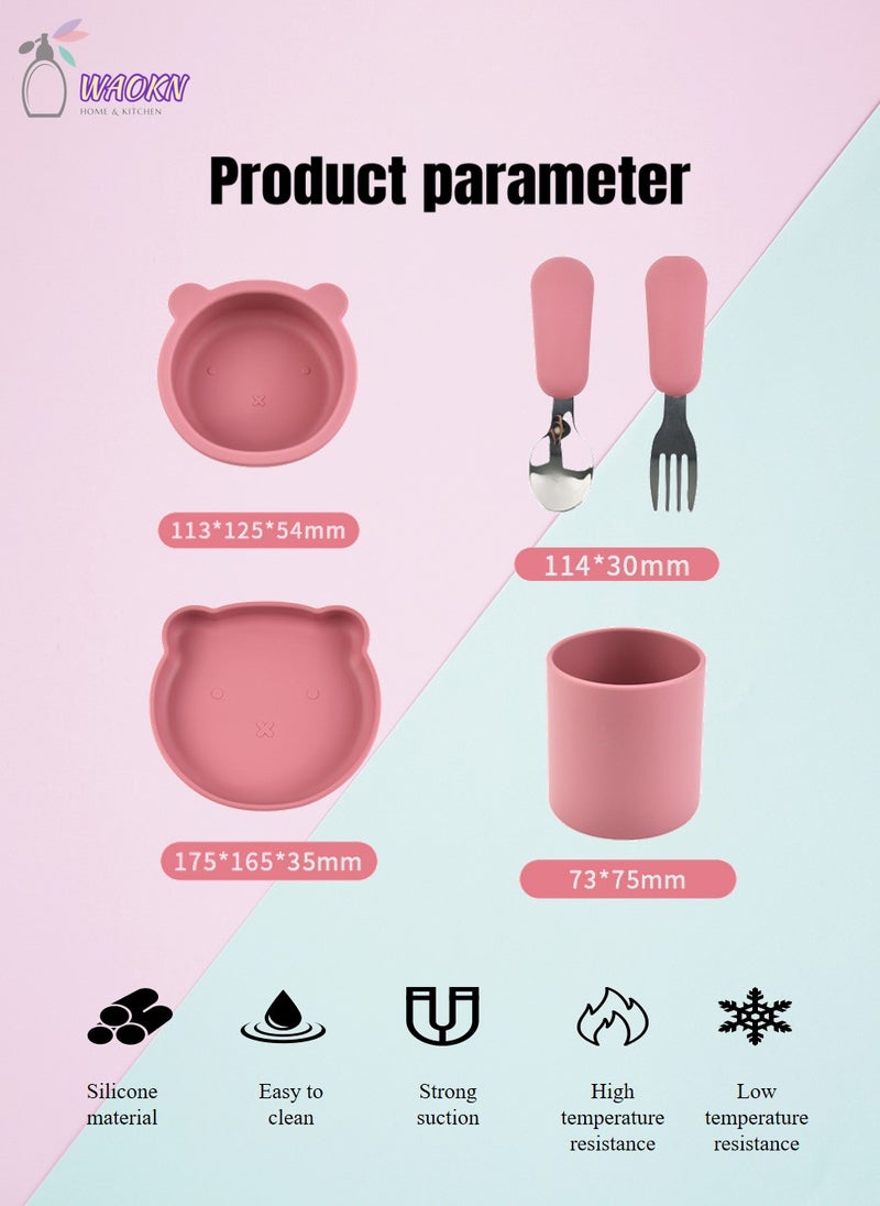 WAOKN 5-Piece Baby Silicone Tableware Set with Resistant Suction Cup Children's Tableware Plate Bowl Cup Forx & Spoon Food Grade Silicone Suitable for Oven Microwave & Freezer Dishwasher Safe Red - Image 2