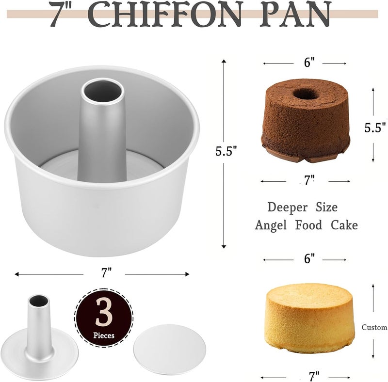 FOR BAKE 7" Non-Stick Chiffon Cake Pan, Deep 5.5 Inches, 2 Removable Bottoms Flat & Tube, Anodized Aluminum Alloy Rustless Angel Food Cake Tube Baking Mold, Oven Dishwasher Safe, Silver - Image 2