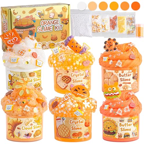 LAWOHO 6 Packs Gradient Orange Slime Kit Cloud Slime Butter Slime Clear Slime Crunchy Slime for Kids with Various Slime Addins Non Stick Slime Party Favors for Girls and Boys 360ml Kids SlimeBread - Image 1